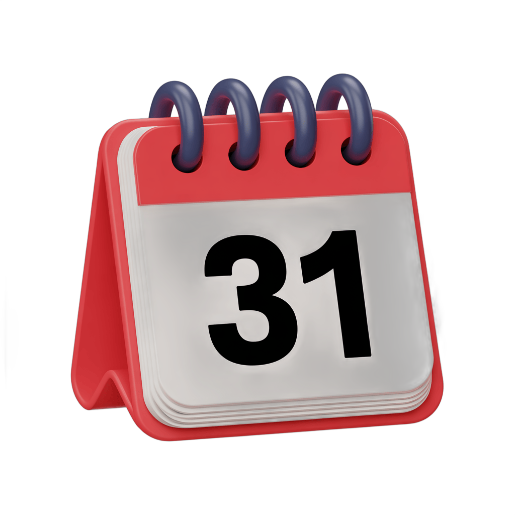 31st day calendar page isolated clipart graphic for event planning and scheduling designs PNG - transparent background