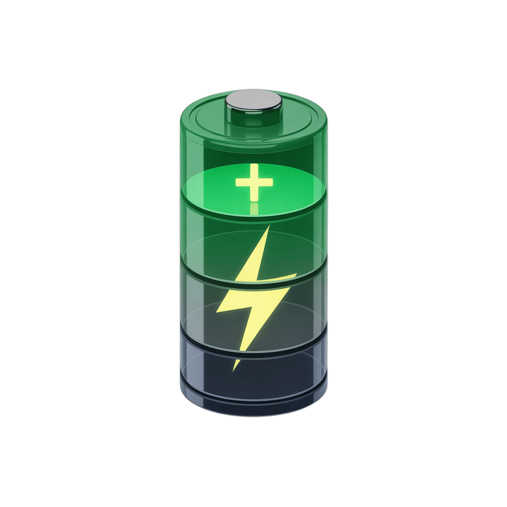 3d cartoon battery icon with energy and power symbols for digital design projects PNG - transparent background