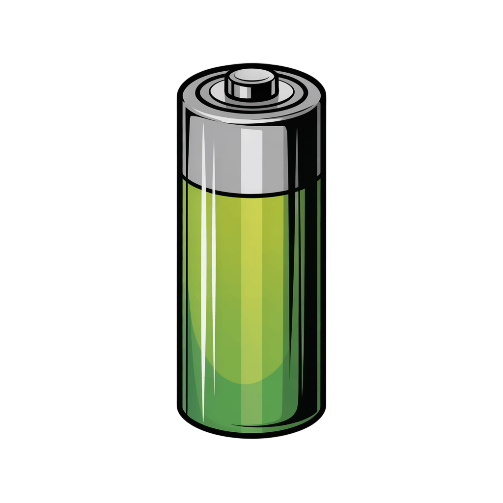 3d cartoon battery icon with green energy level for presentations and digital design PNG - transparent background
