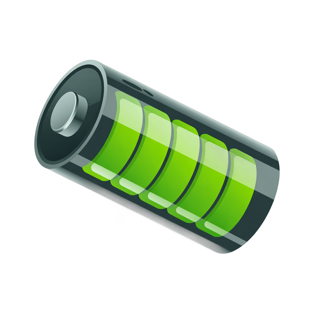 3d cartoon battery icon with green power level indicator for digital design and presentations PNG - transparent background