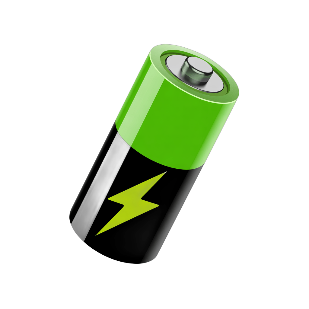 3d cartoon battery icon with lightning bolt for energy renewable eco green tech presentations PNG - transparent background