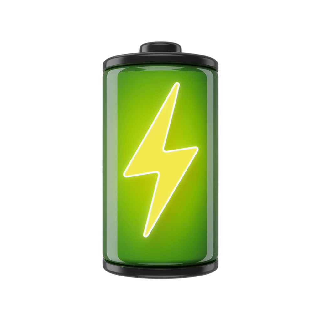 3d cartoon battery icon with lightning bolt showing full charge for energy apps and websites PNG - transparent background