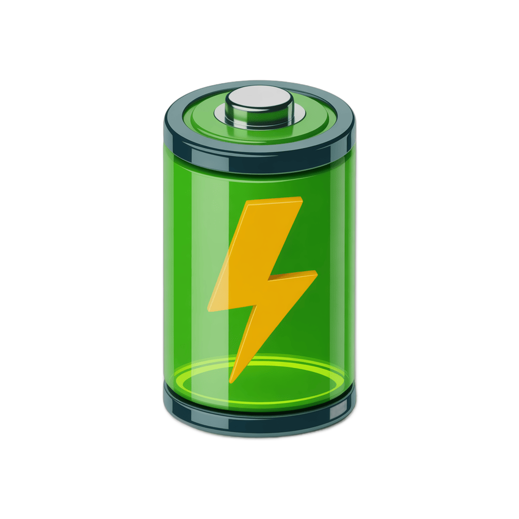 3d cartoon battery icon with lightning bolt symbol for energy power apps and websites PNG - transparent background