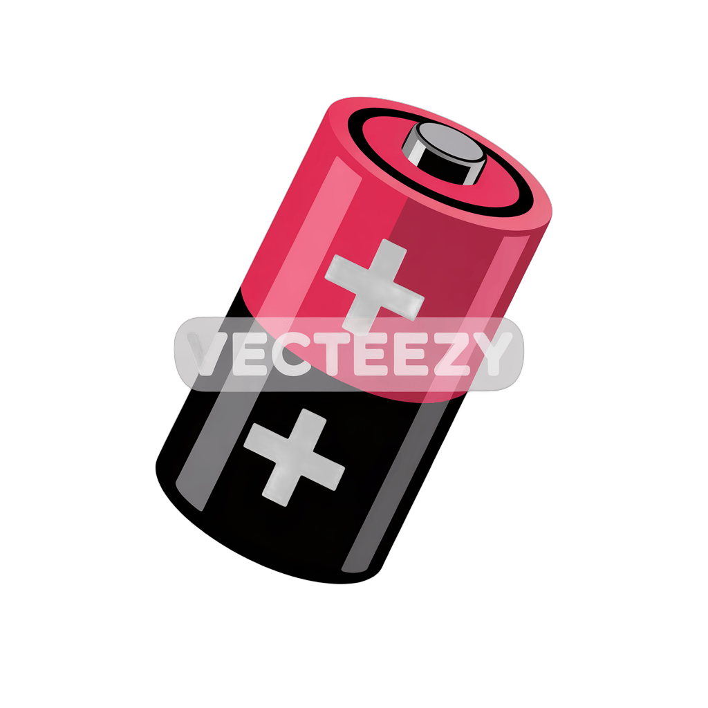 3d cartoon battery icon with plus signs for energy power symbols and graphic design projects PNG - transparent background