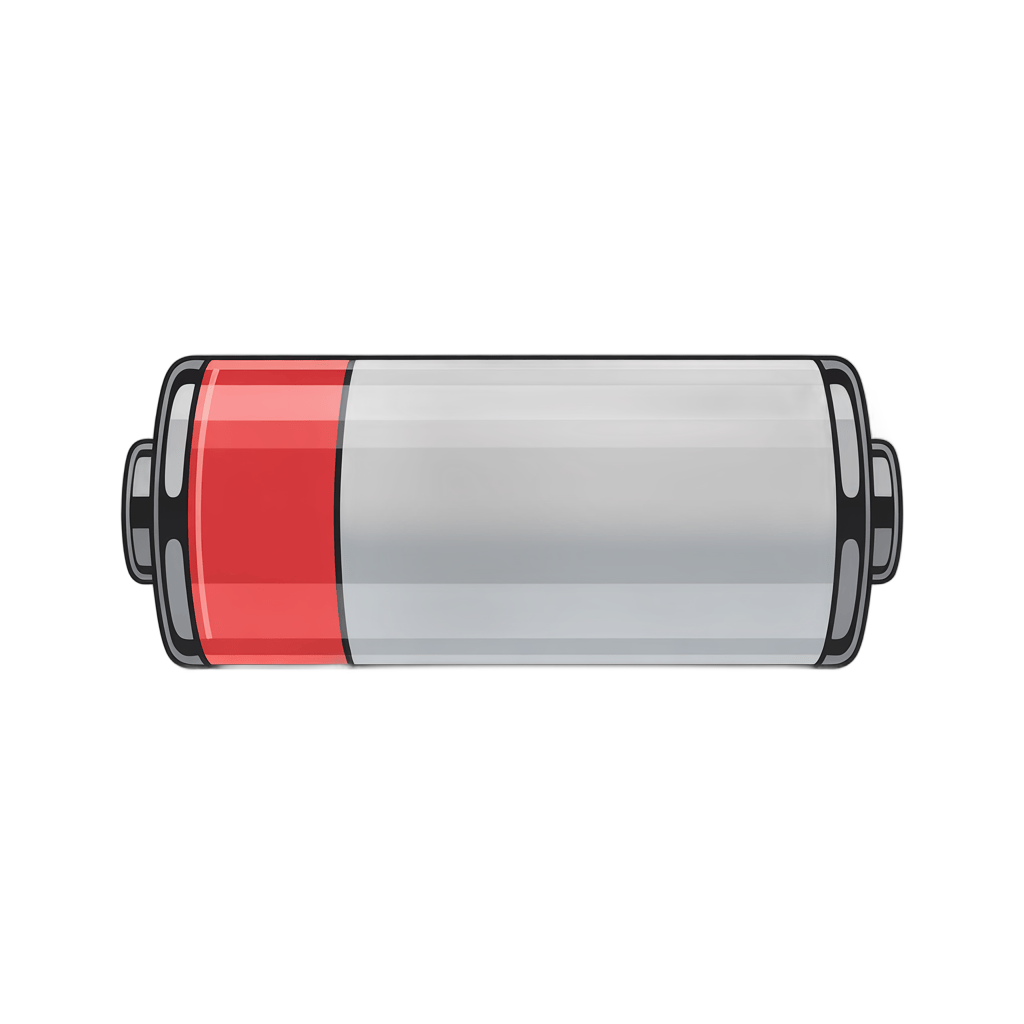 3d cartoon battery icon with red power level indicator for app design and presentations PNG - transparent background