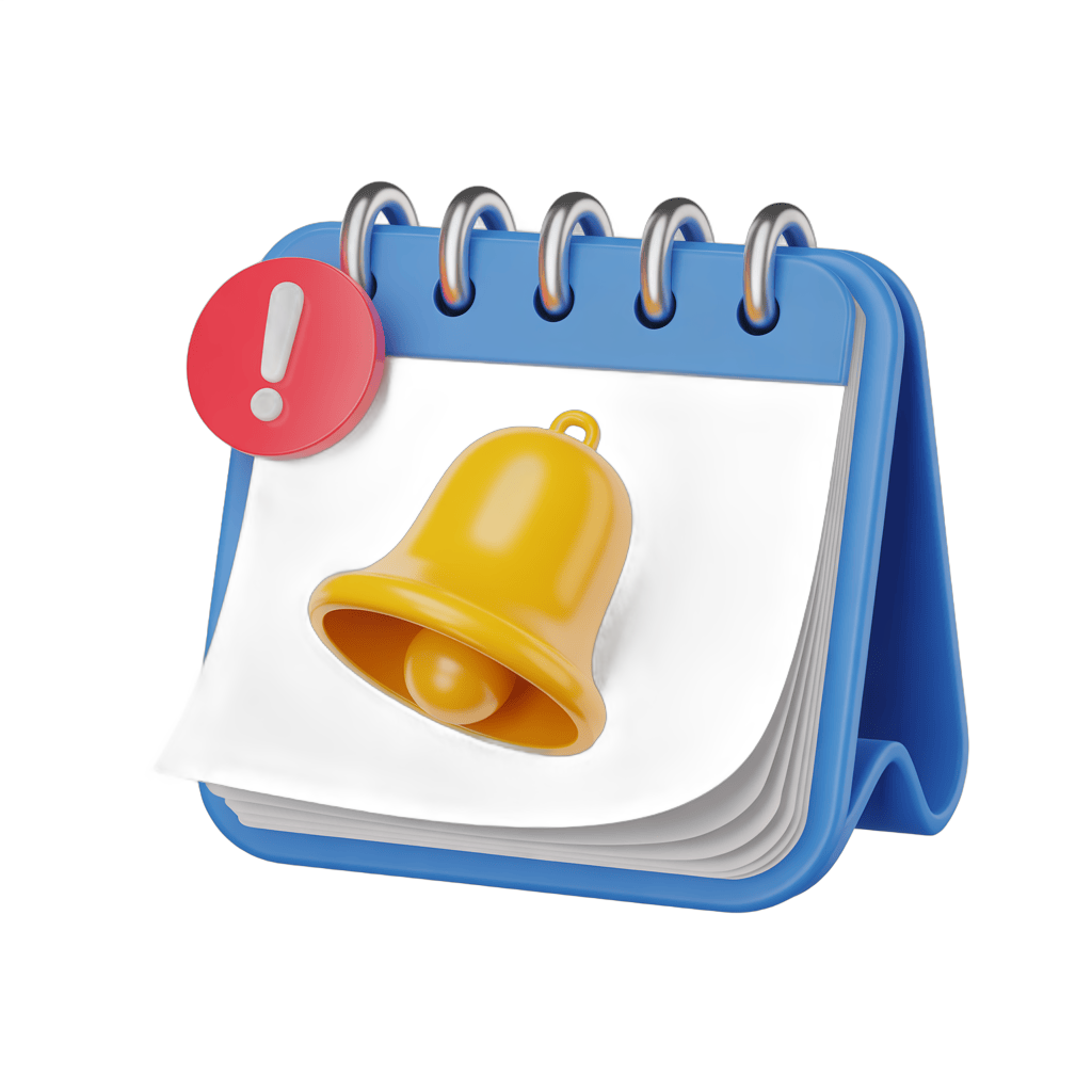 3d cartoon bell alarm warning notification icon on open calendar page for reminders alerts PNG - transparent background