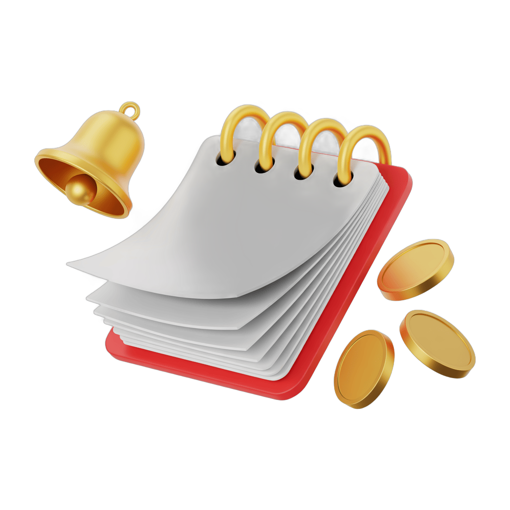 3d cartoon bell coins and notebook stack illustration for business success and notifications PNG - transparent background