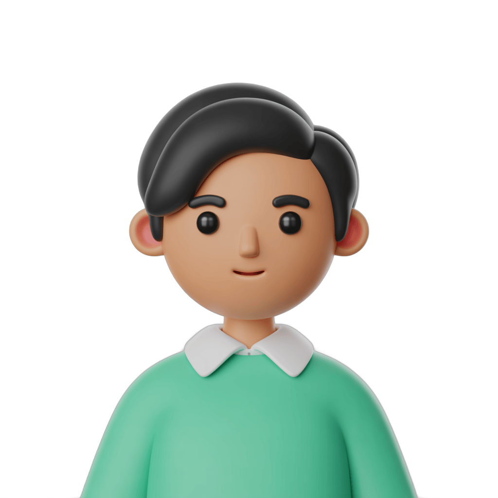 3d cartoon boy character with short black hair in green sweater for digital illustrations and branding PNG - transparent background