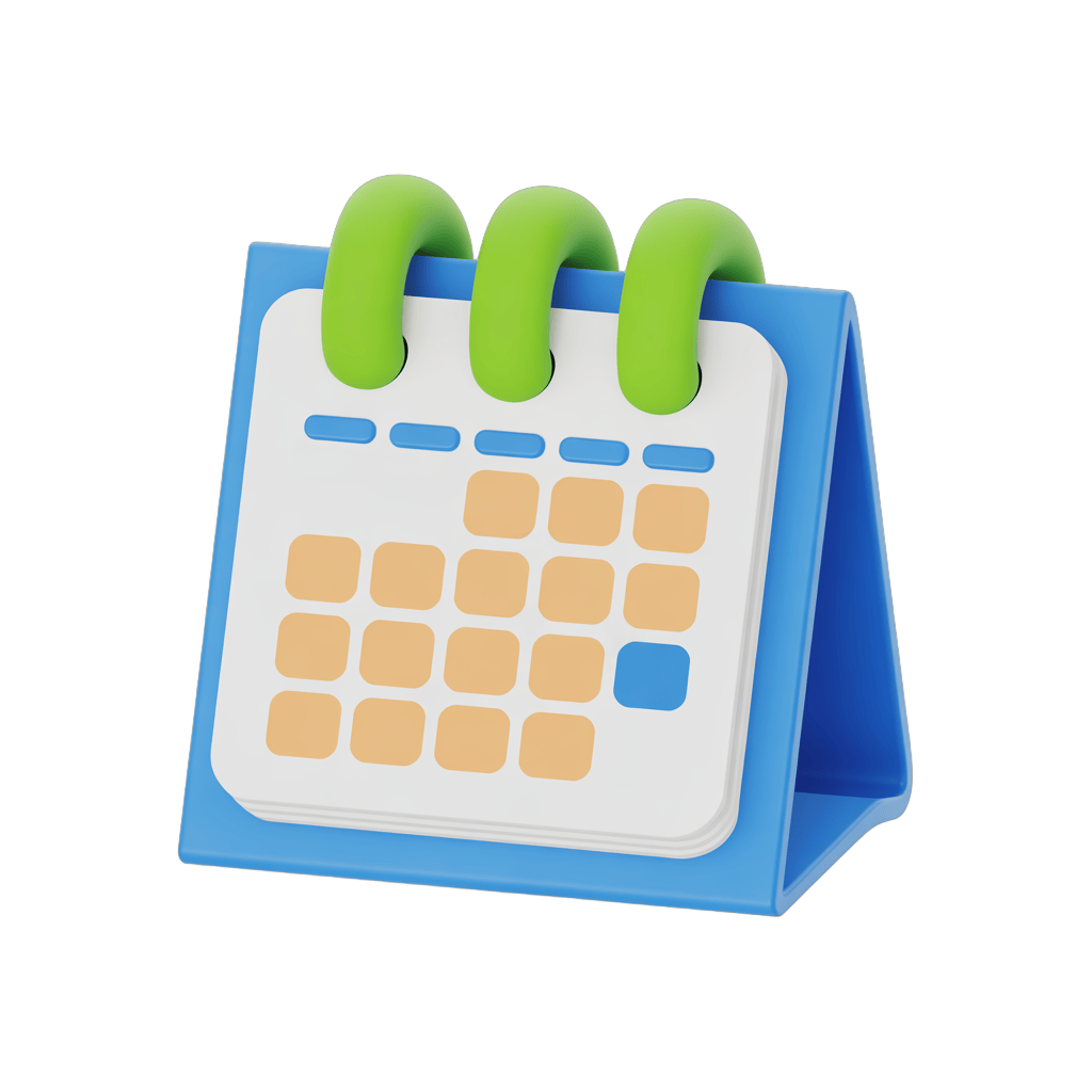 3d cartoon calendar clipart with green clips for planning and scheduling events PNG - transparent background