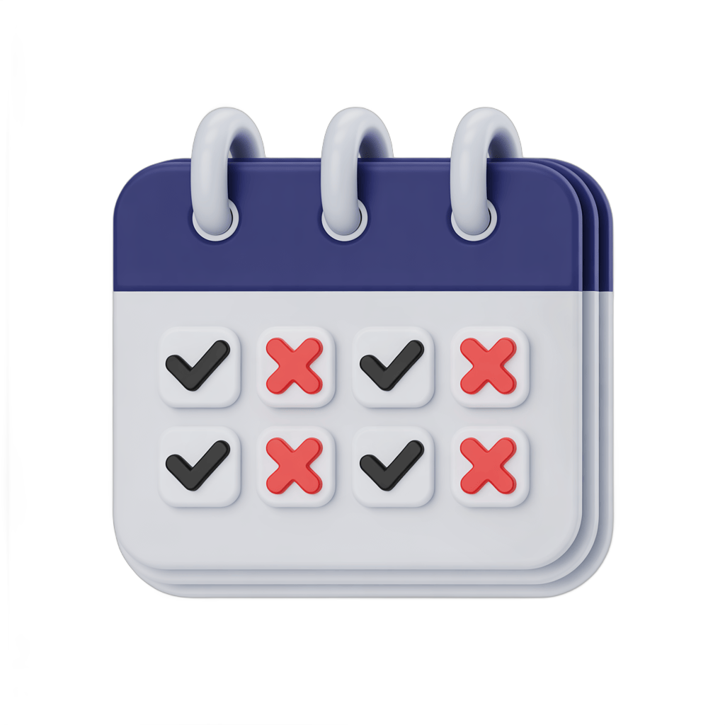 3d cartoon calendar icon with checkmarks and crosses for task management and planning PNG - transparent background