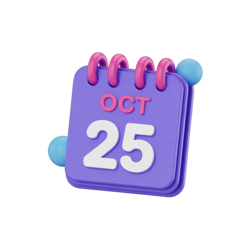 3d cartoon calendar page showing october twenty fifth date for event planning and scheduling PNG - transparent background