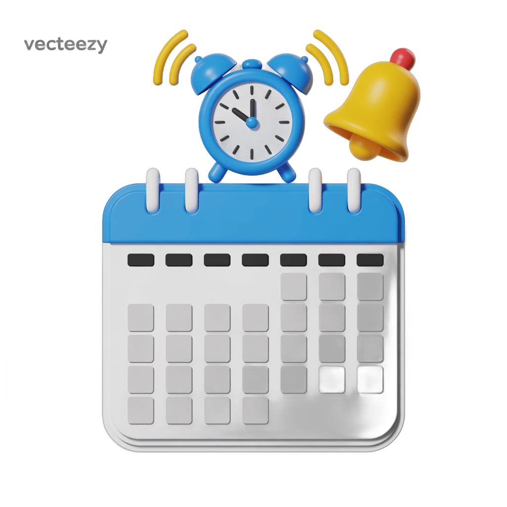 3d cartoon calendar with alarm clock and bell graphic for reminders and notifications design PNG - transparent background