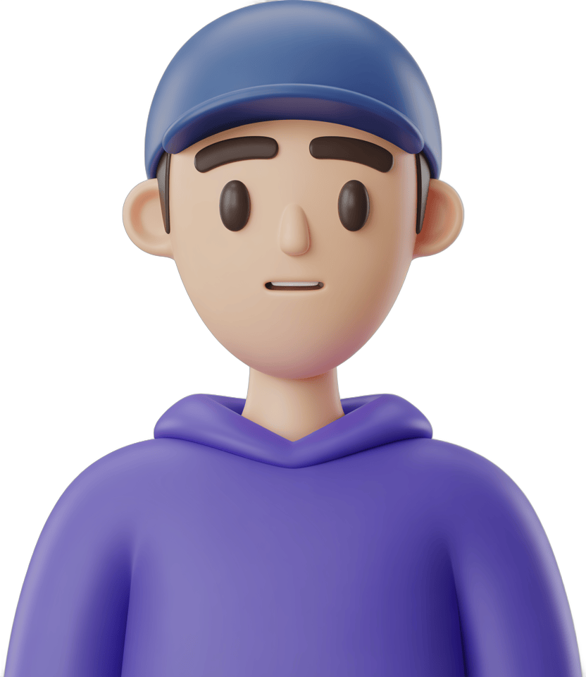 3d cartoon character wearing purple hoodie and blue cap for casual branding and social media graphics PNG - transparent background