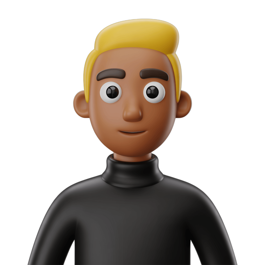 3d cartoon character with yellow hair in black turtleneck for digital illustrations and branding PNG - transparent background