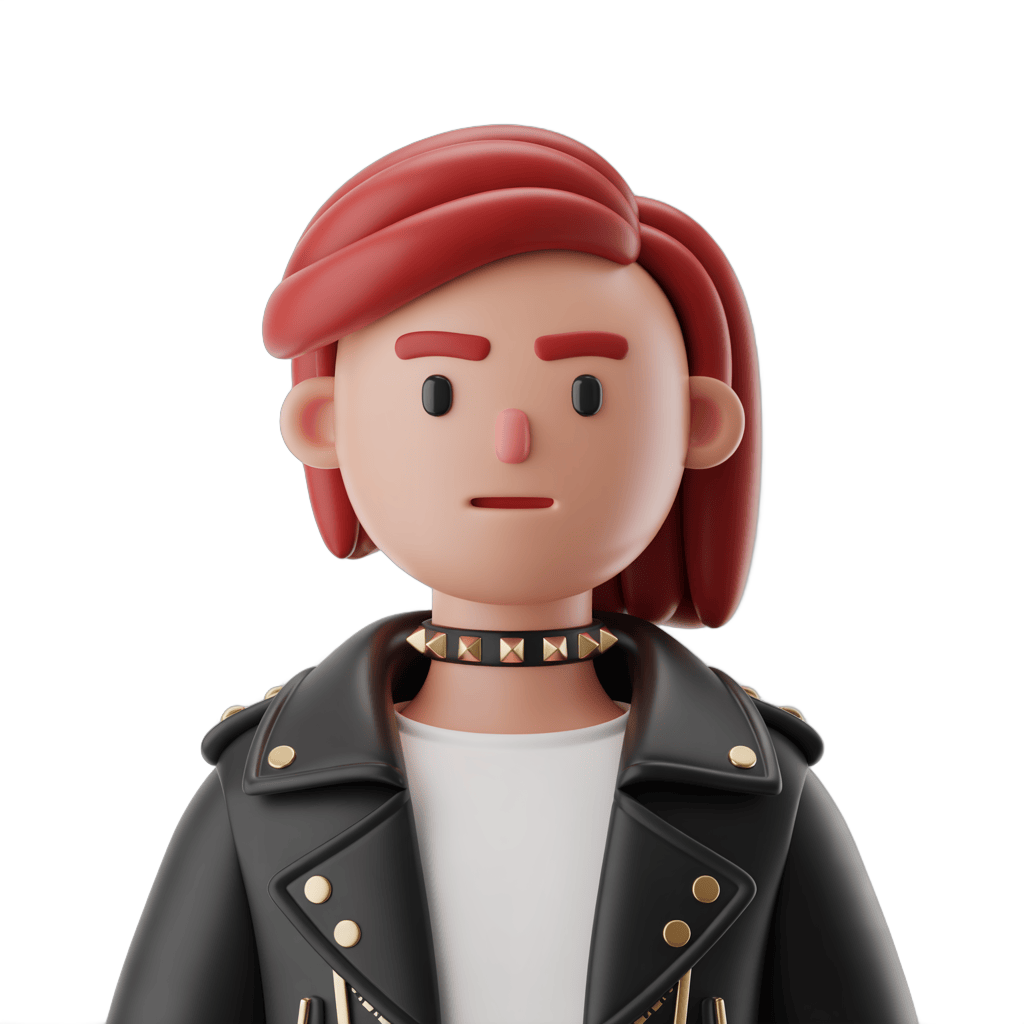 3d cartoon character woman with red hair wearing black leather jacket and choker for apparel design PNG - transparent background