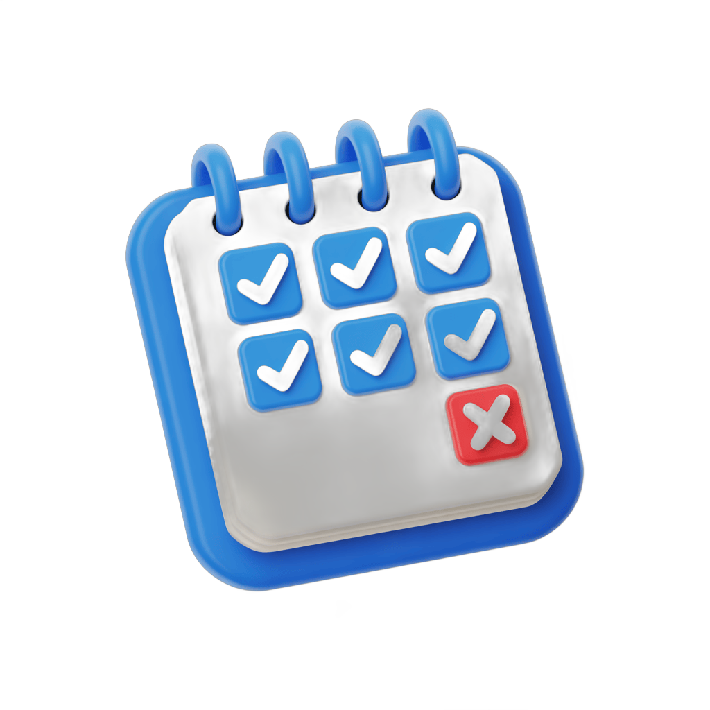 3d cartoon checklist calendar with five tasks completed and one crossed out for project management PNG - transparent background
