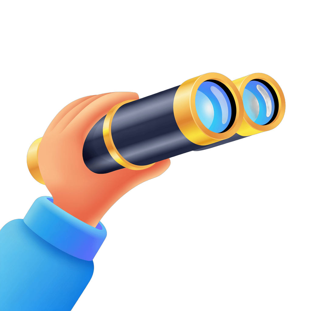 3d cartoon clipart of a hand holding a telescope for exploration and discovery illustrations PNG - transparent background
