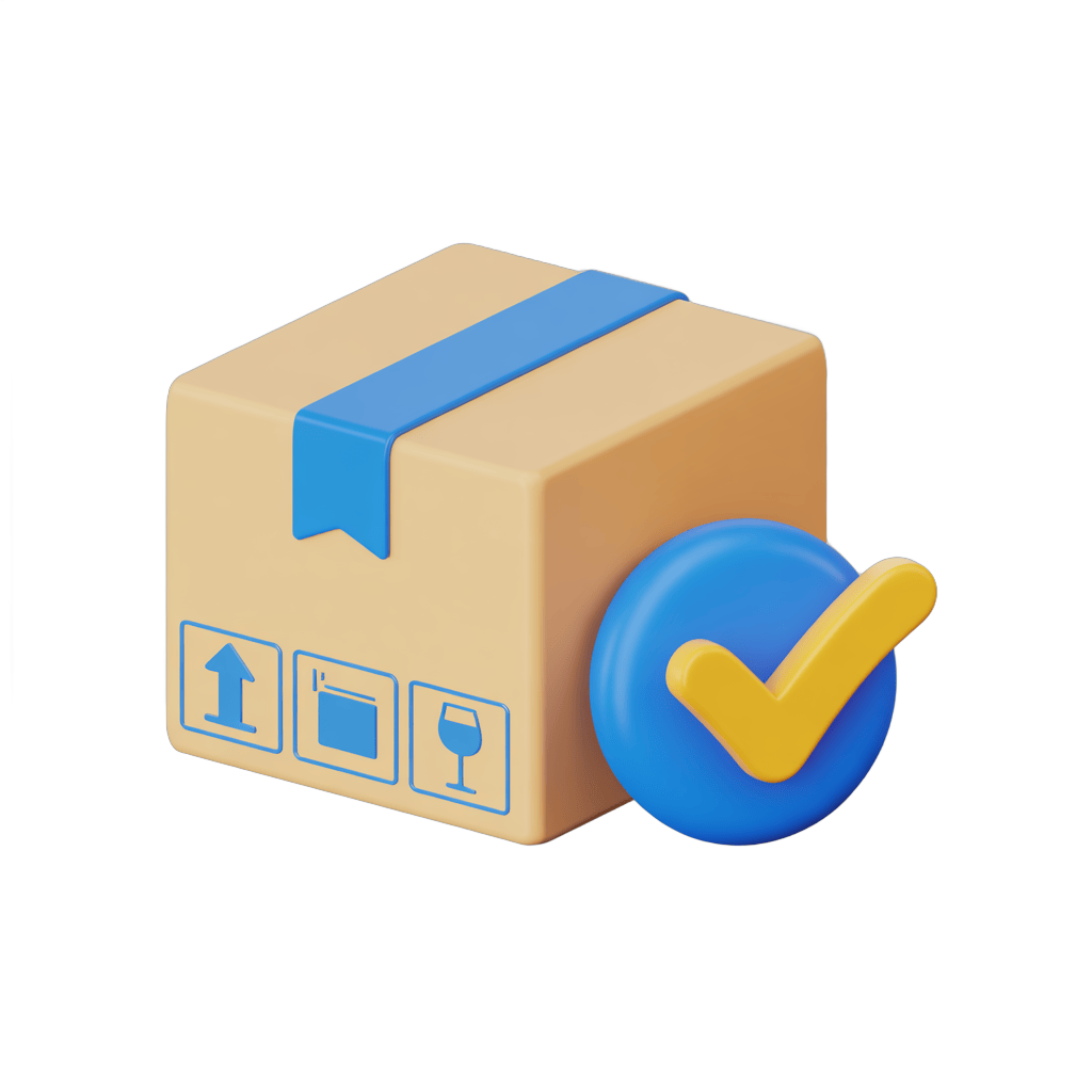 3d cartoon delivery box with checkmark icon for order confirmation and shipping success PNG - transparent background