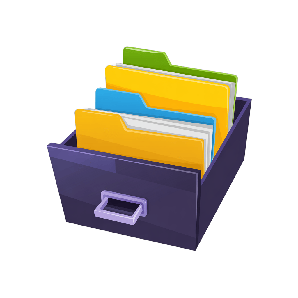 3d cartoon file folder organizer with labeled folders in drawer for office and digital organization PNG - transparent background
