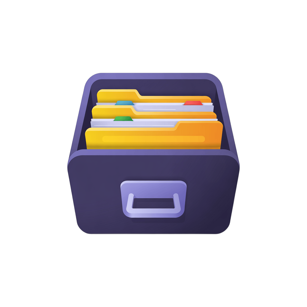 3d cartoon filing cabinet with color coded folders for office organization and document management PNG - transparent background