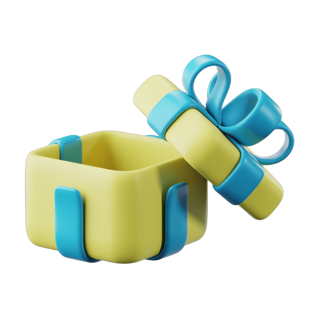 3d cartoon gift box with blue ribbon and yellow bow isolated clipart for presentations and designs PNG - transparent background