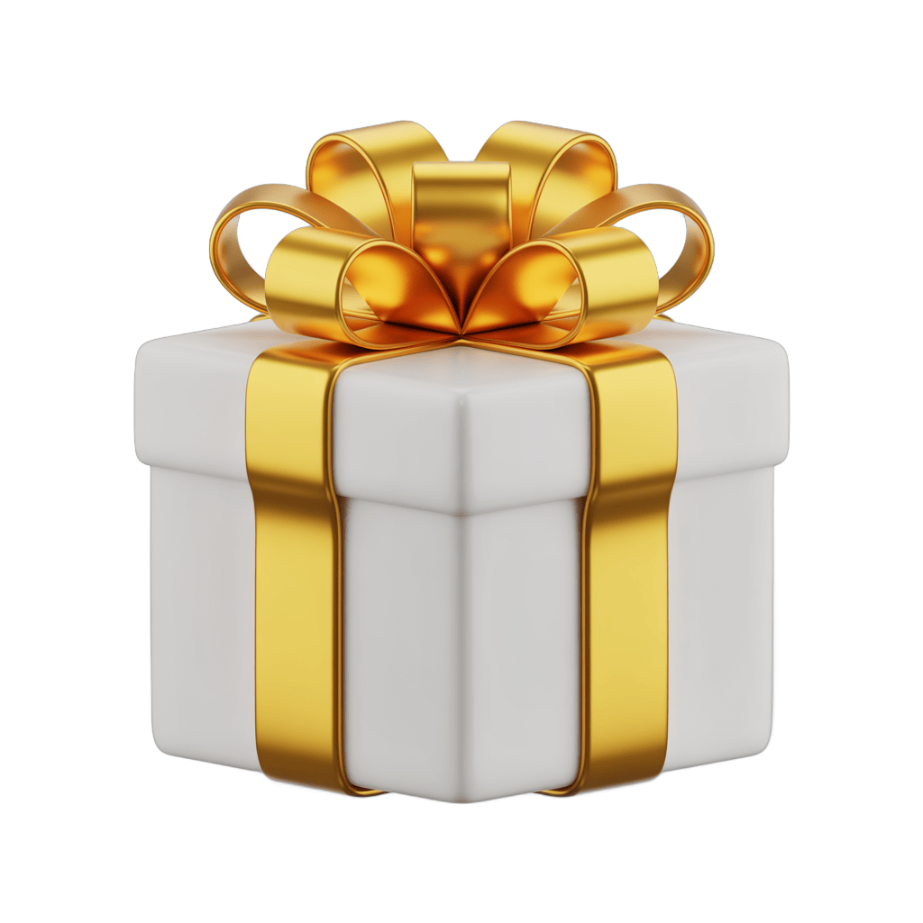 3d cartoon gift box with golden ribbon and bow for holiday presents and celebrations PNG - transparent background