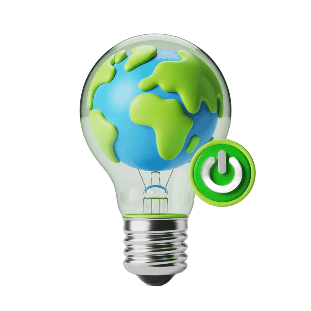 3d cartoon lightbulb with earth inside and green power button for eco friendly business presentation PNG - transparent background