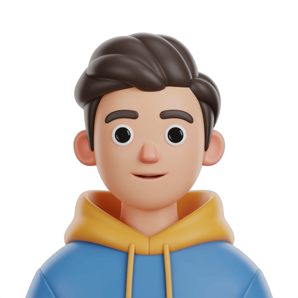 3d cartoon man wearing blue hoodie with yellow hood smiling isolated transparent background clipart PNG - transparent background