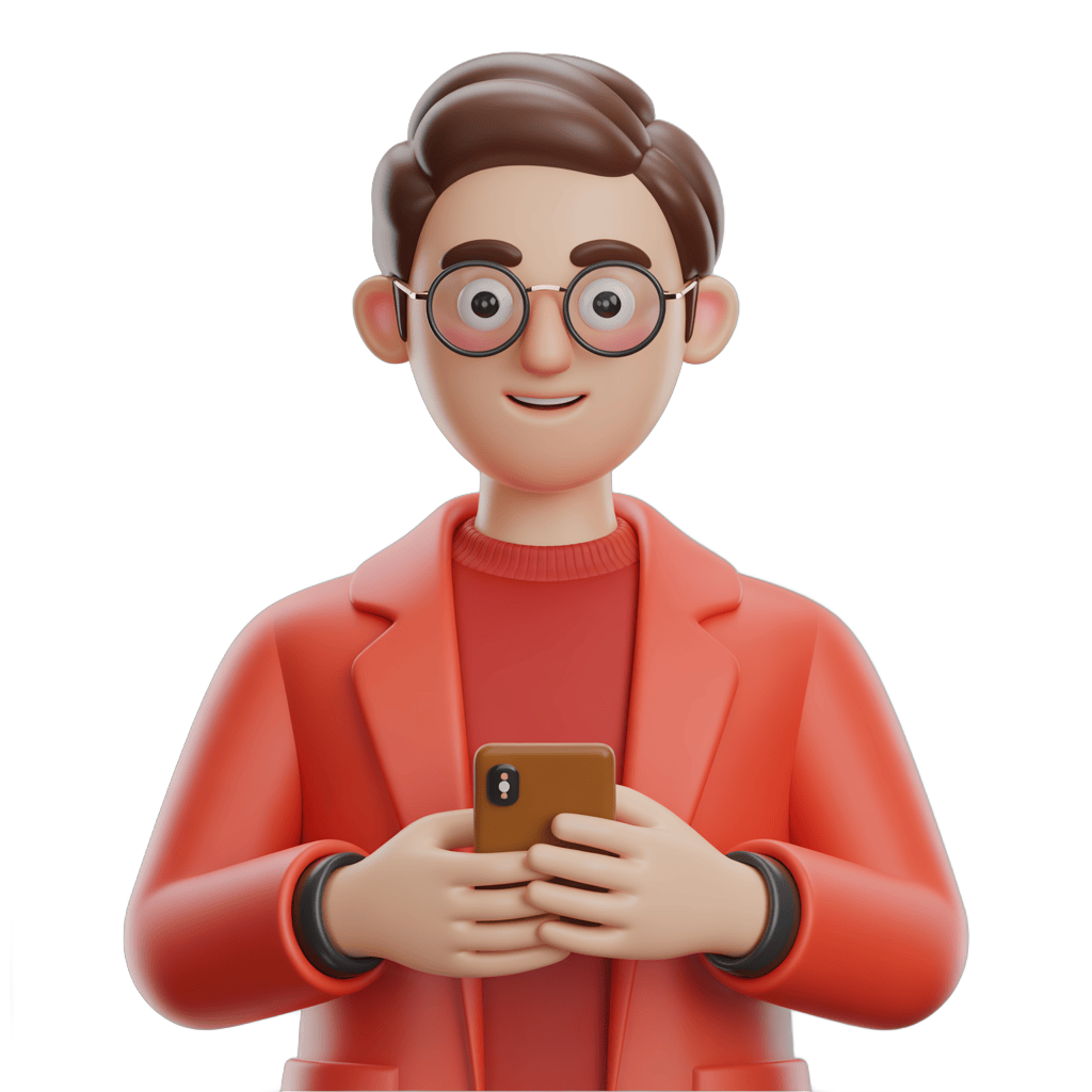 3d cartoon man wearing glasses smiling while using smartphone in casual office setting PNG - transparent background