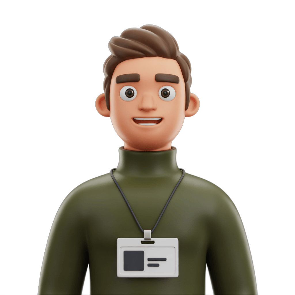 3d cartoon man wearing green turtleneck with name badge for corporate presentations and training materials PNG - transparent background