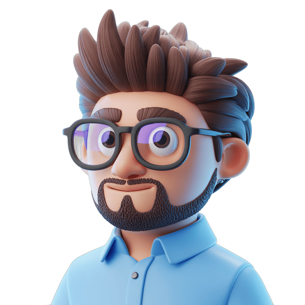 3d cartoon man with glasses and beard wearing blue shirt for presentations and branding graphics PNG - transparent background