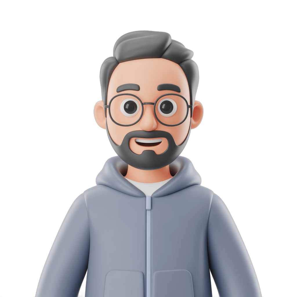 3d cartoon man with glasses and beard wearing gray hoodie for presentations and digital content PNG - transparent background