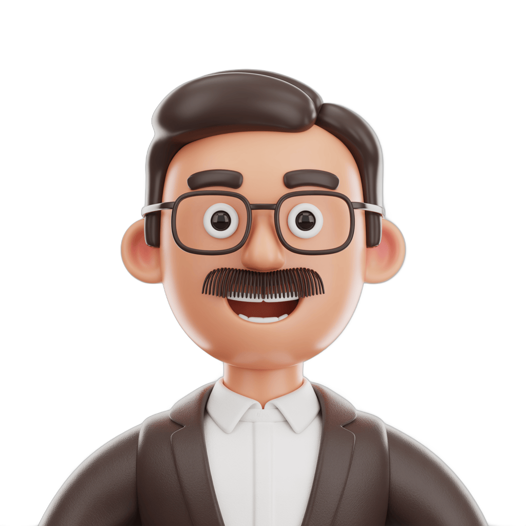 3d cartoon man with glasses smiling in brown suit for presentations and business graphics PNG - transparent background