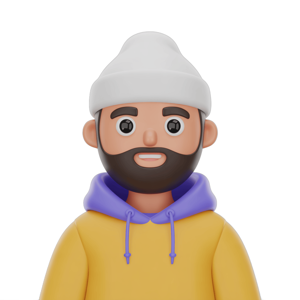 3d cartoon man with gray beanie and purple hoodie smiling cheerful isolated clipart PNG - transparent background