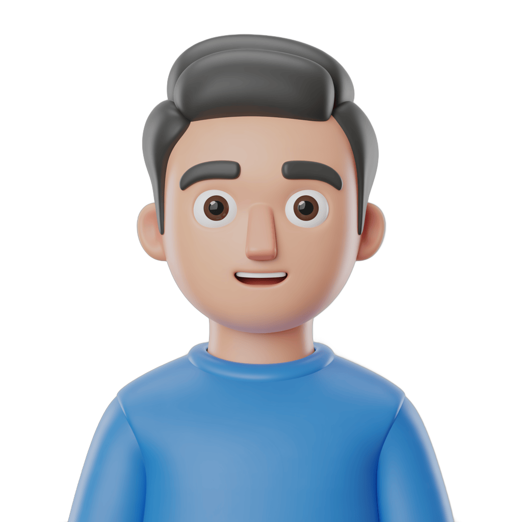 3d cartoon man with short dark hair smiling in blue shirt isolated transparent background clipart PNG - transparent background