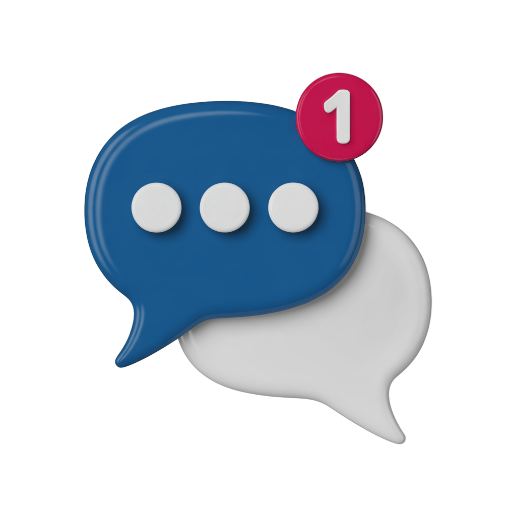 3d cartoon message bubble icon with notification badge showing number one for app design and user interface PNG - transparent background