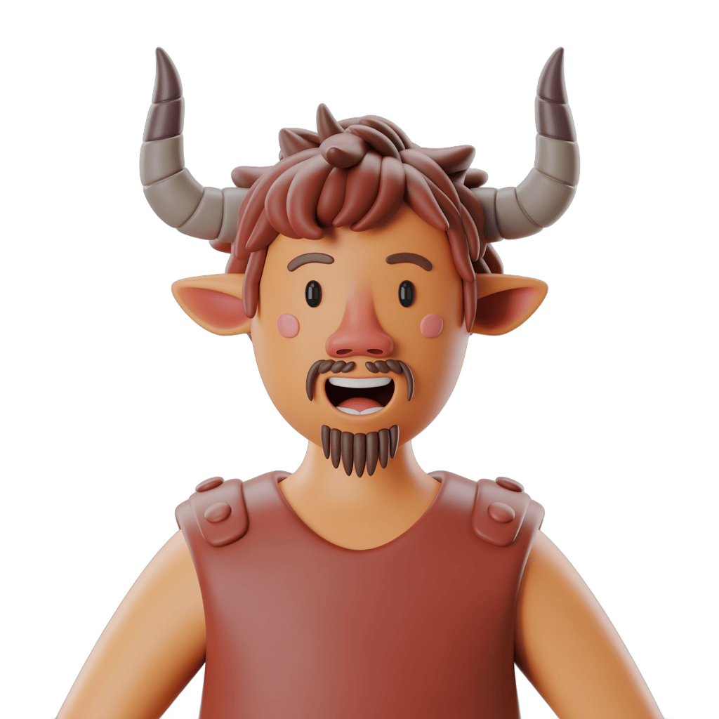 3d cartoon minotaur character laughing in ancient greek gladiator outfit for fantasy games and illustrations PNG - transparent background