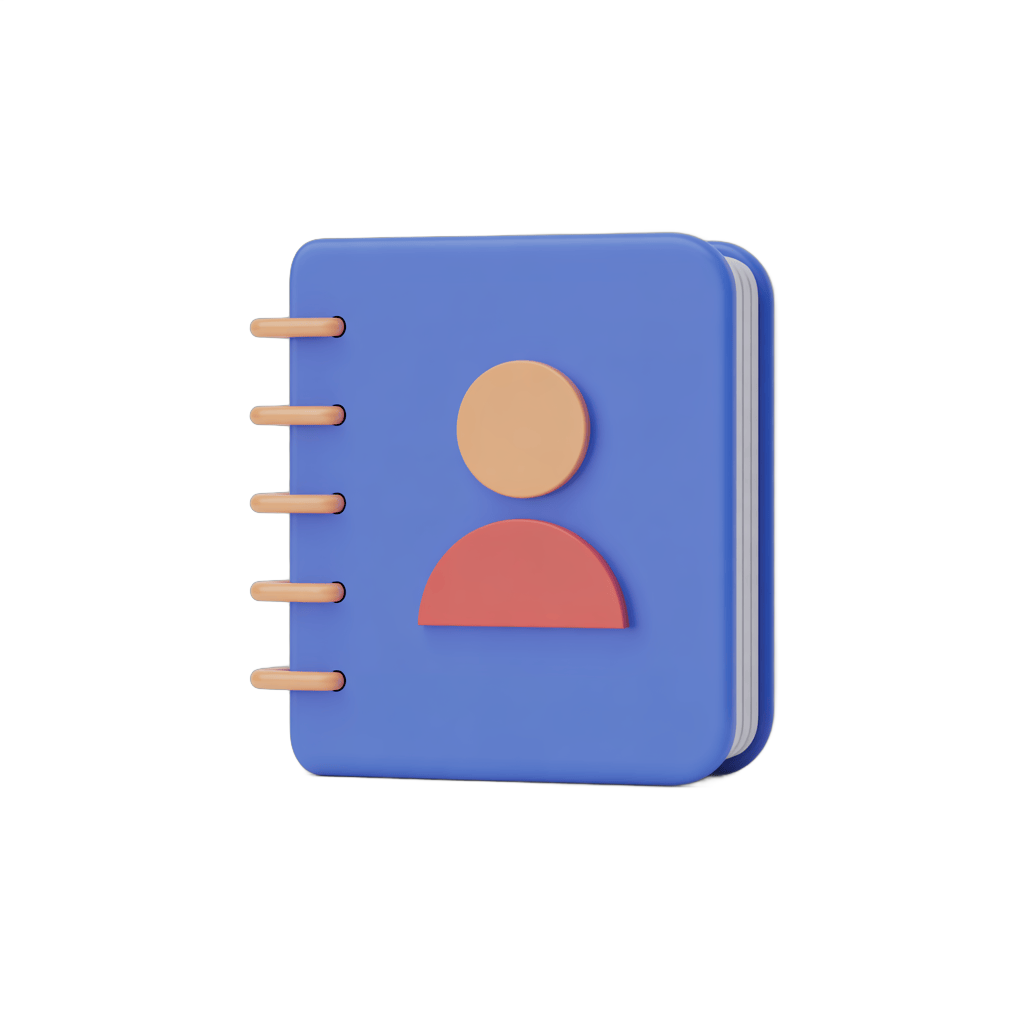 3d cartoon rendering of a blue notebook with person icon for user profile or member directory design PNG - transparent background