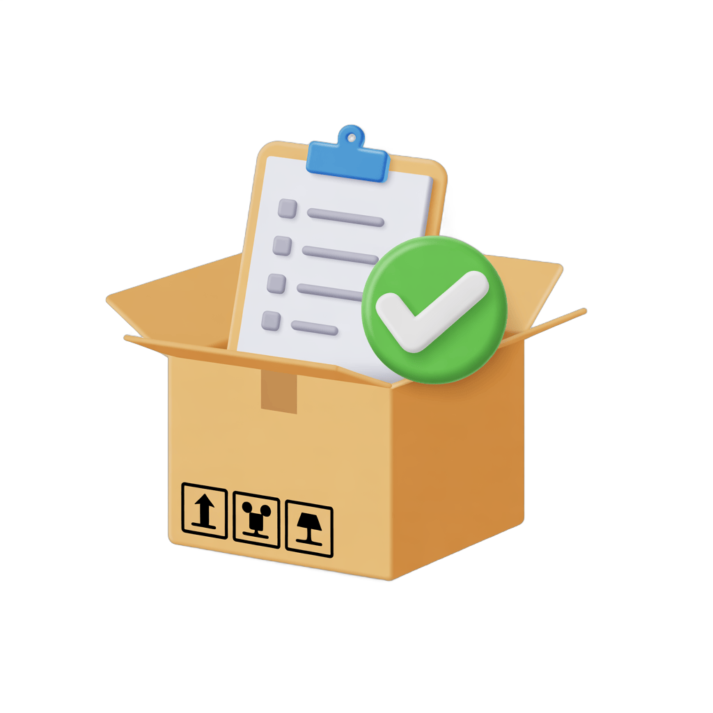 3d cartoon shipping checklist with approval icon in open box for delivery confirmation PNG - transparent background