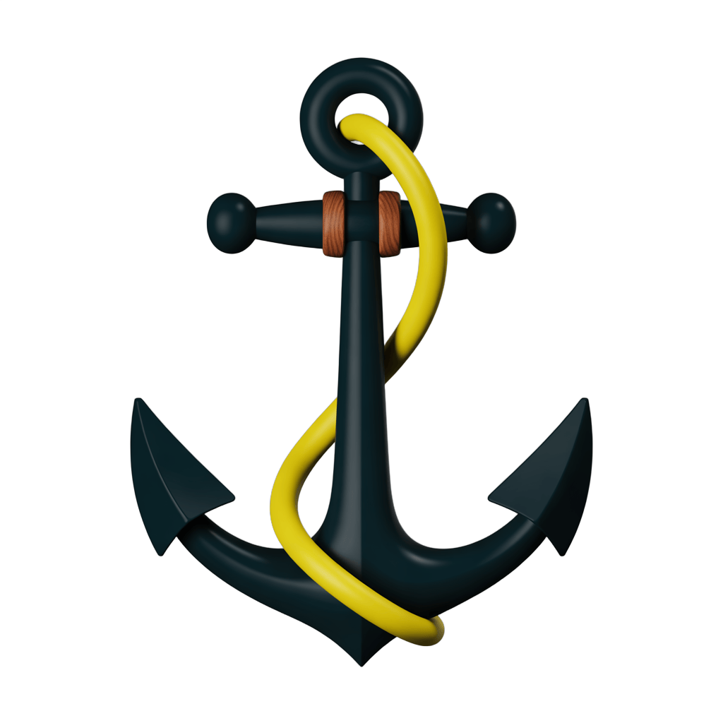 3d cartoon style anchor graphic element with yellow rope for nautical themes and maritime designs PNG - transparent background