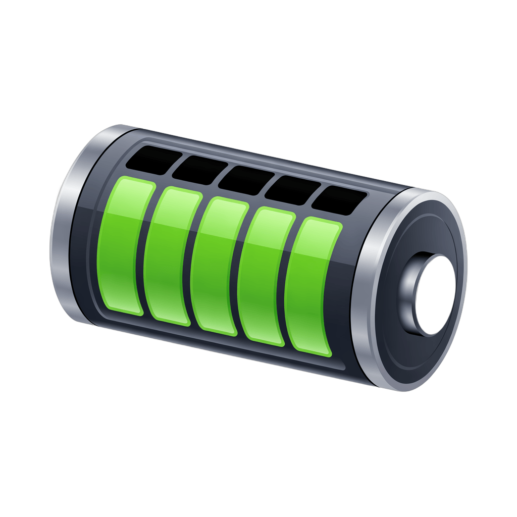 3d cartoon style battery icon with green power level indicator for app interface design PNG - transparent background