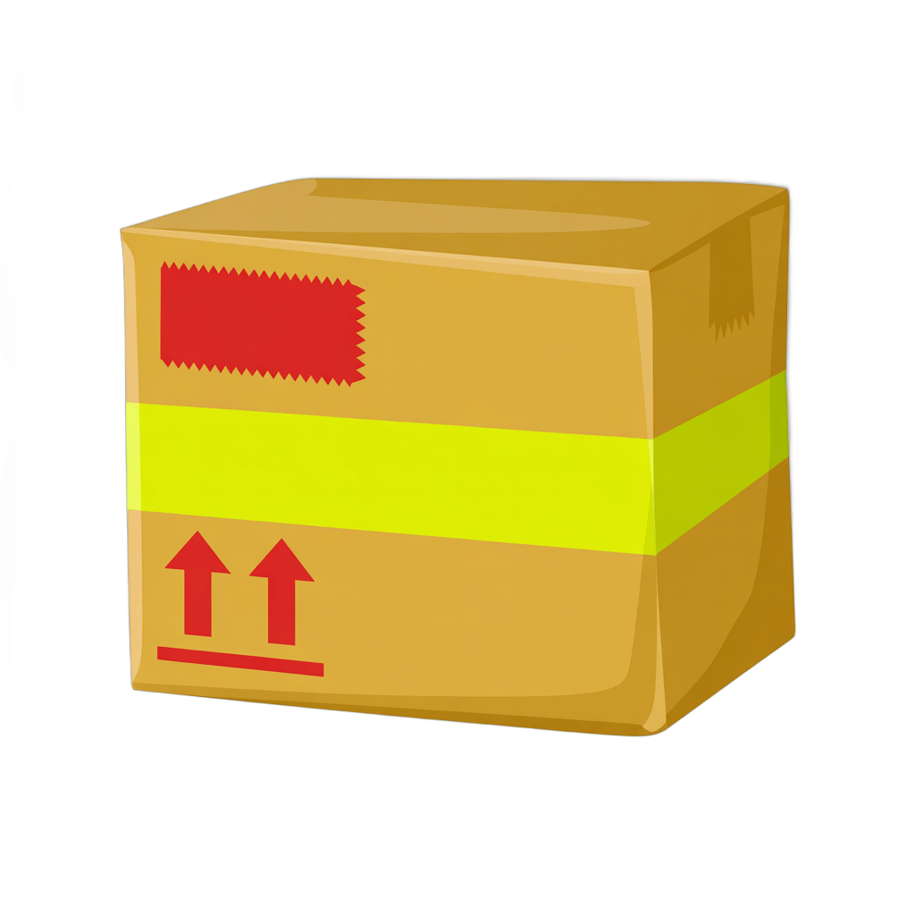 3d cartoon style cardboard box with arrows and red label for shipping delivery packaging design PNG - transparent background
