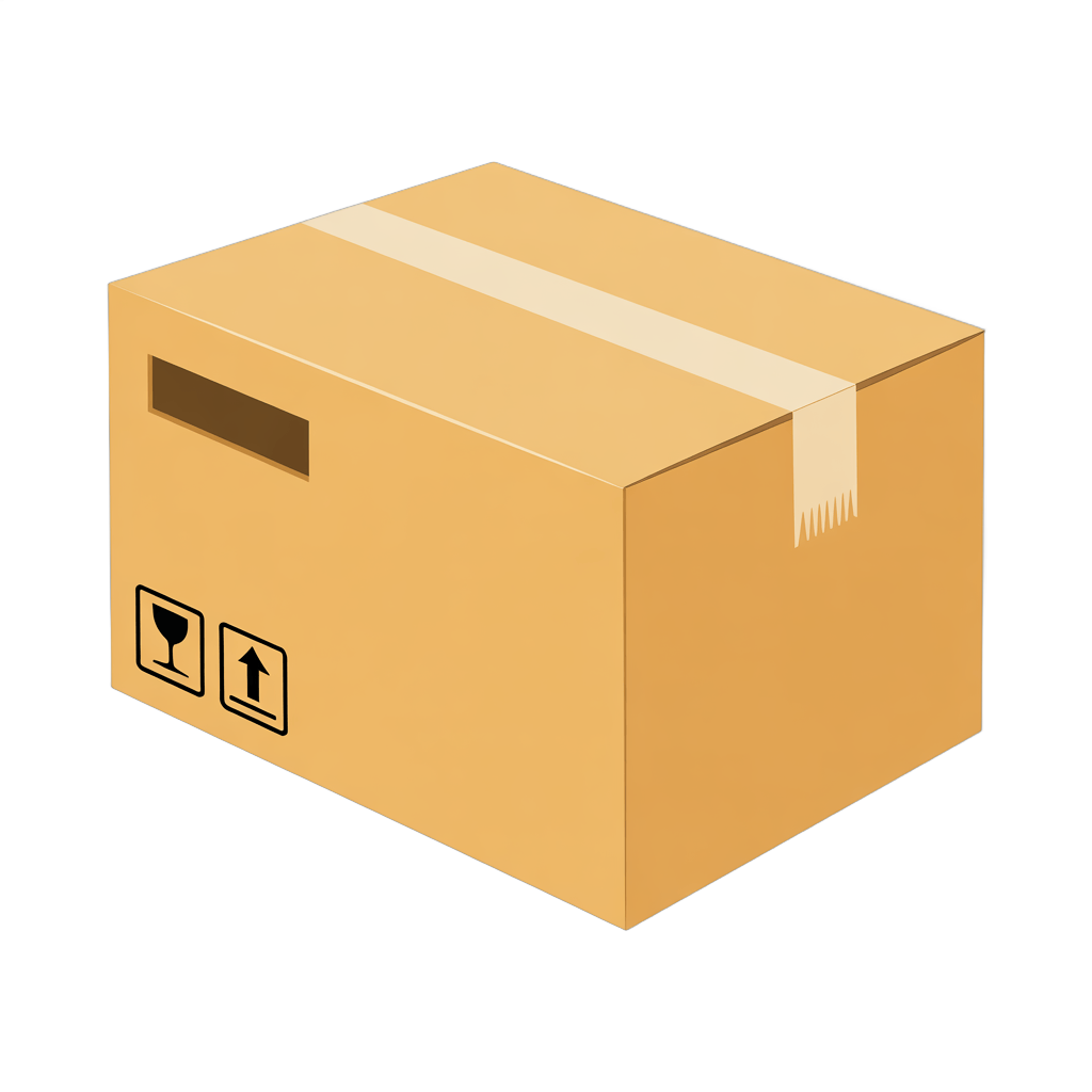 3d cartoon style cardboard box with fragile and this way up icons for packaging design and ecommerce illustrations PNG - transparent background