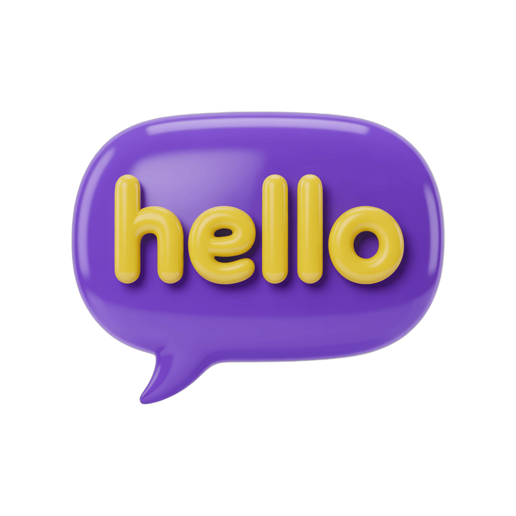 3d cartoon style glossy purple speech bubble with yellow hello text isolated transparent background clipart PNG - transparent background
