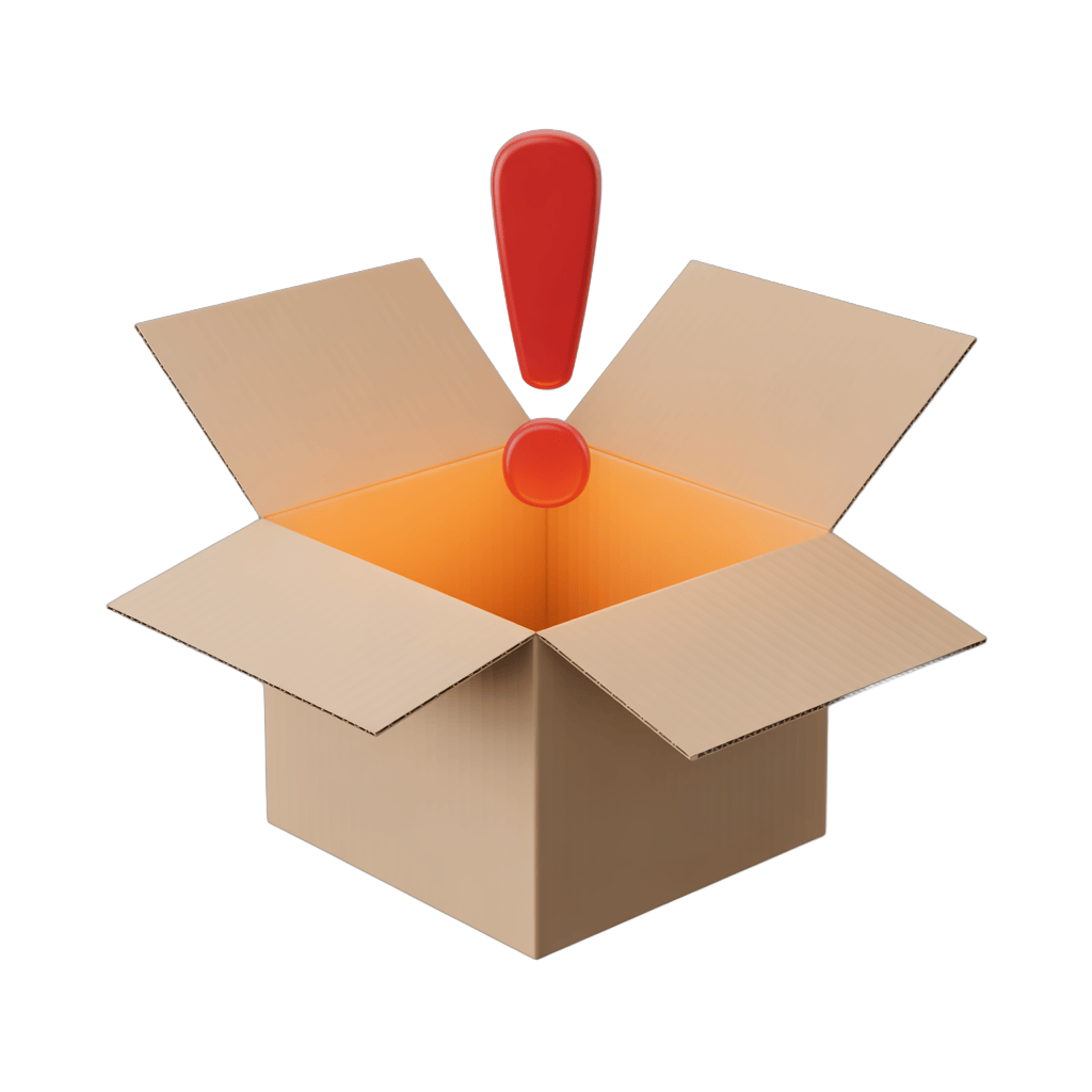3d cartoon style open box with red exclamation point graphic element for alerts and notifications PNG - transparent background