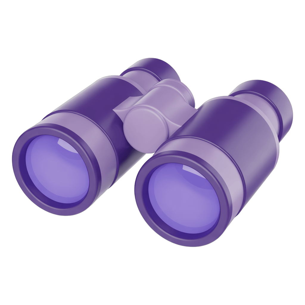 3d cartoon style purple binoculars isolated on transparent background for marketing and design projects PNG - transparent background