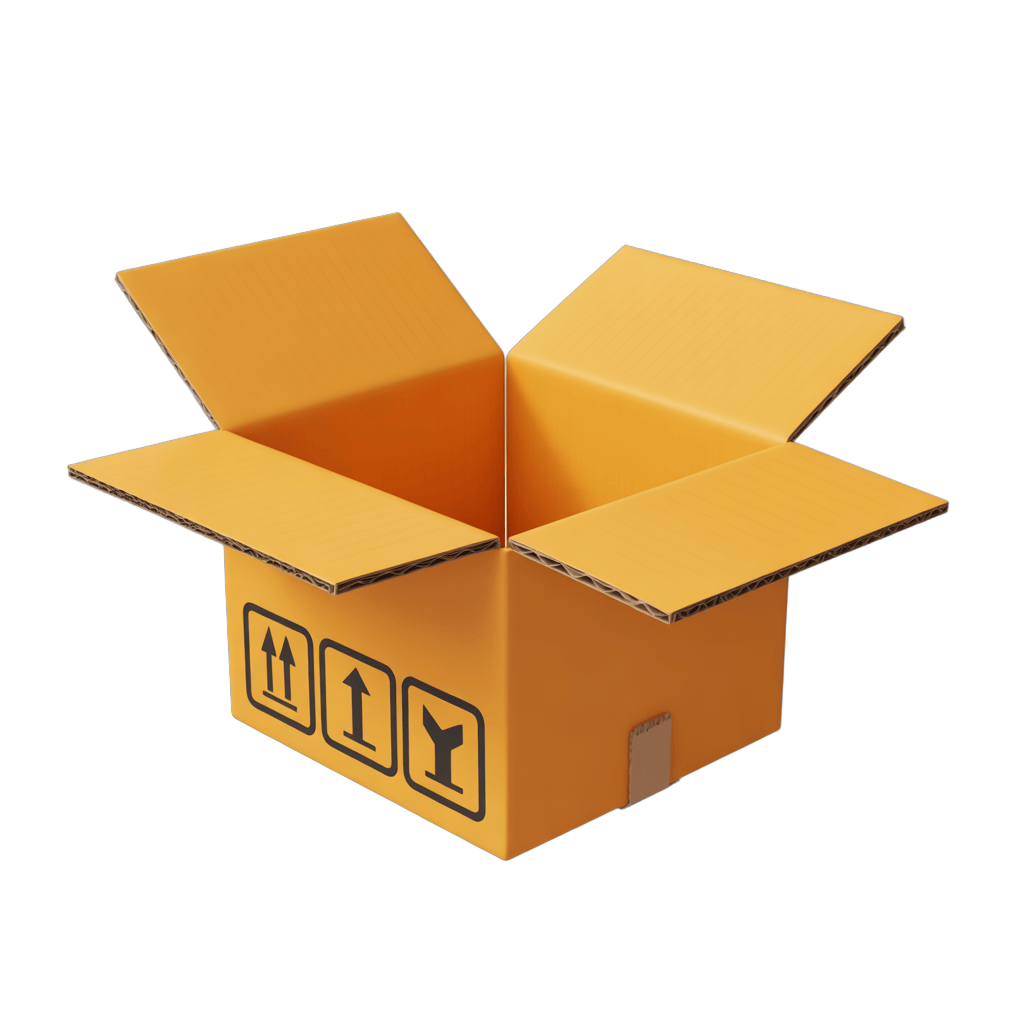 3d cartoon style rendering of an empty orange delivery shipping box with handling icons PNG - transparent background