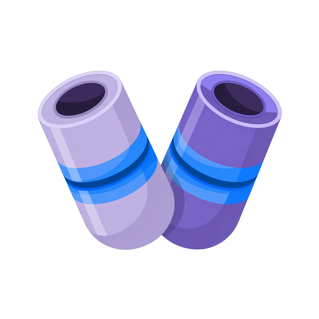 3d cartoon style rendering of two sleeved cylindrical objects with blue and purple stripes for graphic design PNG - transparent background