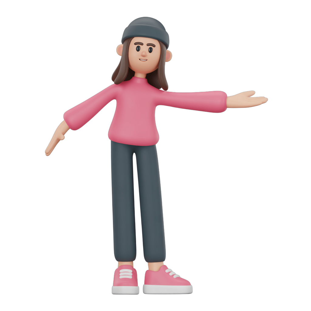 3d cartoon woman with arms outstretched in casual pink sweater and dark pants for presentations and graphics PNG - transparent background