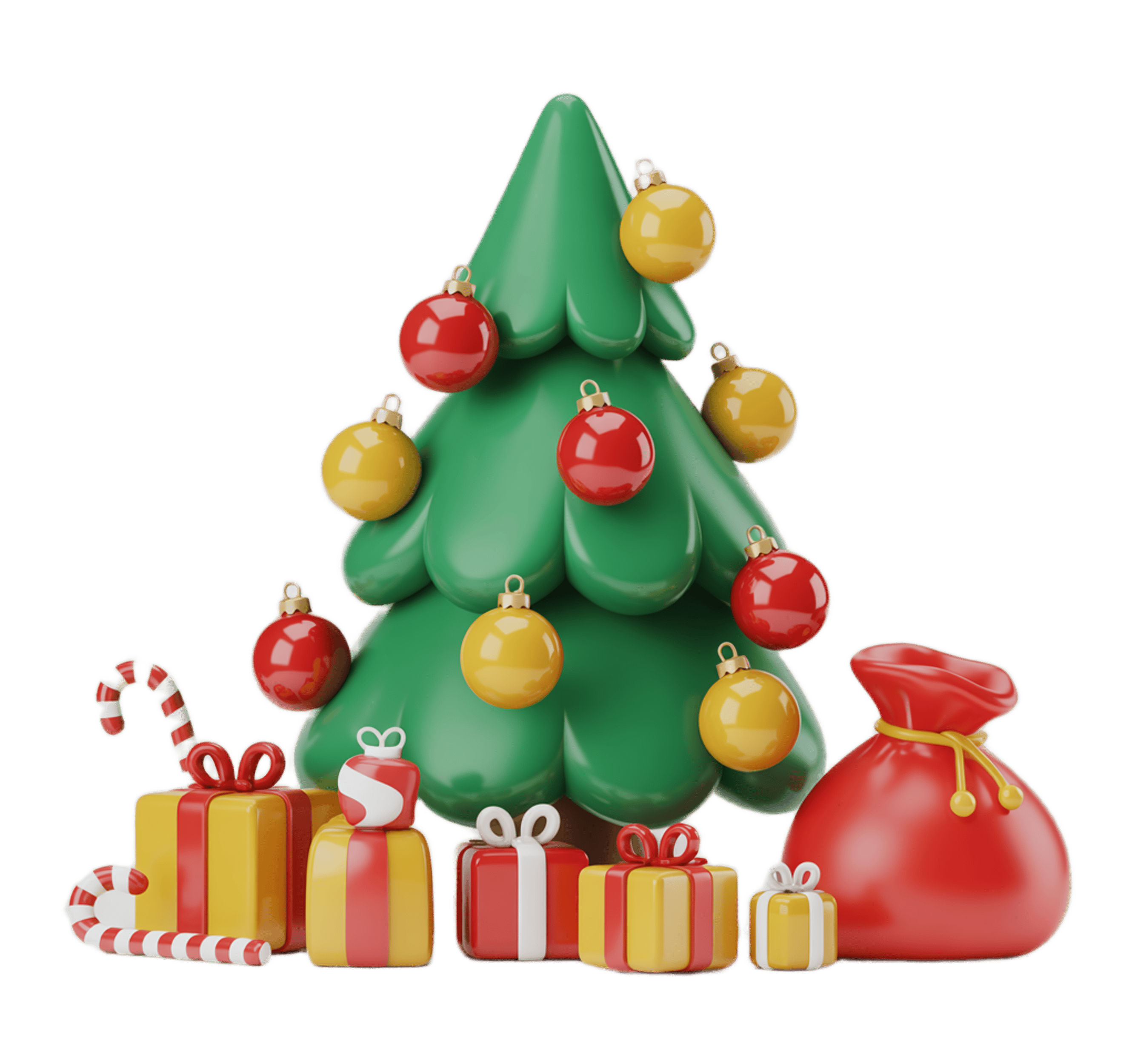 3d christmas tree with gifts and baubles for holiday marketing graphics PNG - transparent background